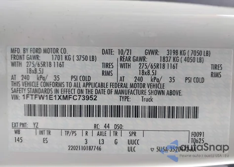 2021 Ford F-150 Lariat z USA, uszkodzony, nr VIN 1FTFW1E1XMFC73952